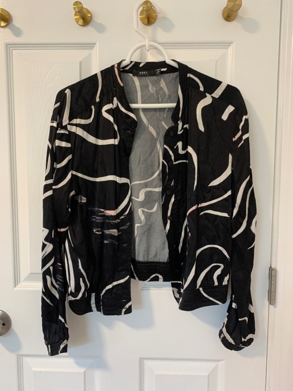 Obey black & white abstract lightweight satin bomber jacket XS